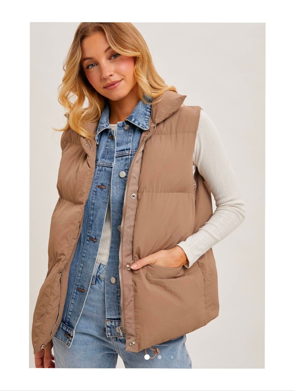 BluIvy Women's Denim-Layered Oversized Puffer Vest Mushroom Brown Size S/M